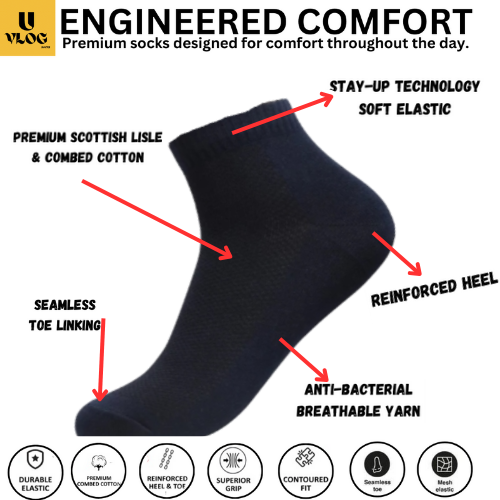 Premium Black Cotton Ankle Length Socks | Soft, Breathable & Sweat Absorbent | Daily Wear